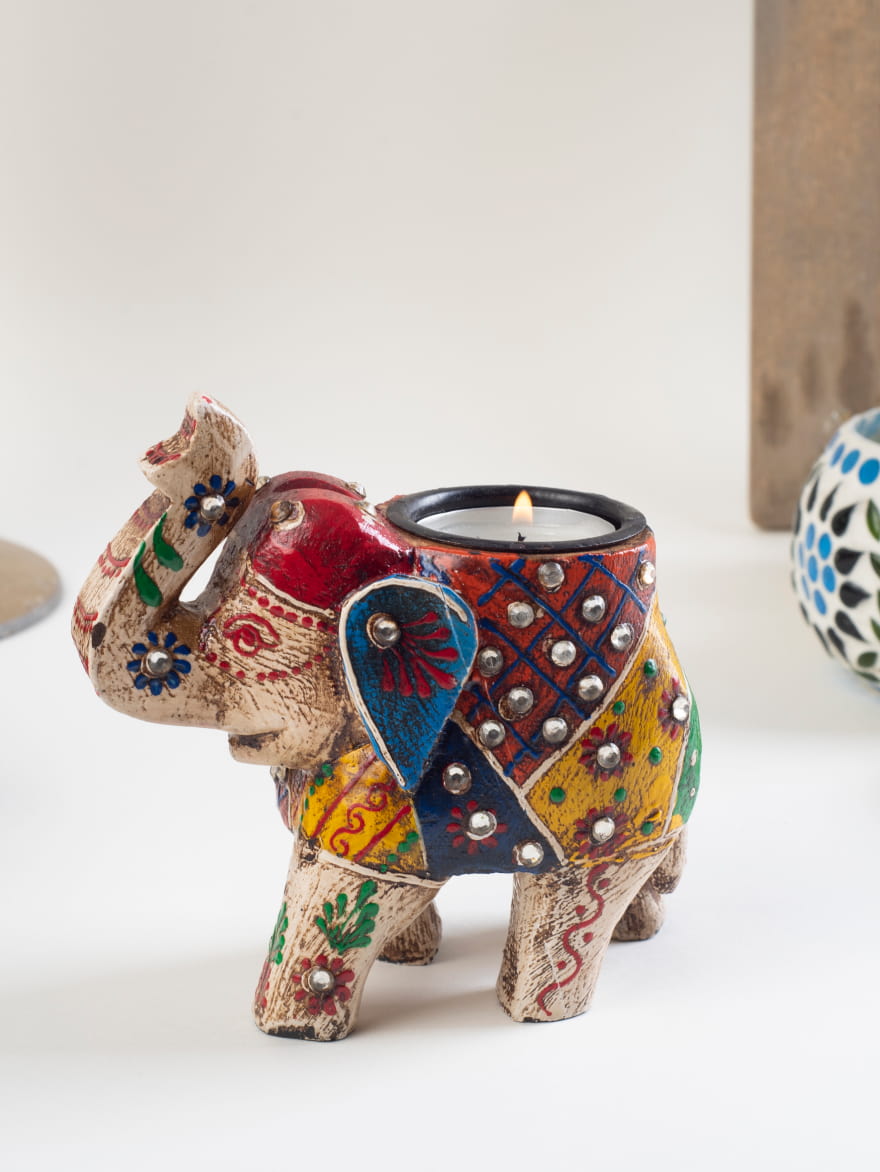 Red & Blue Elephant shaped candle holder with tea light on top