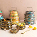 Tiffin Box with Three Tiers  for food storage made from enamel-coated steel handpainted with delicate flower pattern on gold red blue green black or pink background